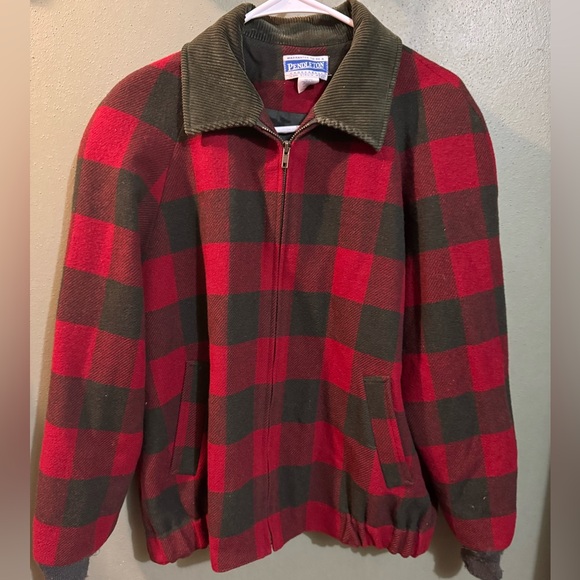 Pendleton Knockabout Red Green Plaid Wool Zip Up Corduroy Collar Jacket M - Picture 1 of 3